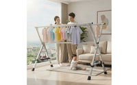 Stainless Steel Clothes Drying Rack Foldable Drying Rack with Shoe Hooks Telescopic Clothes Horse Expandable for Laundry Room, Balcony, Apartment