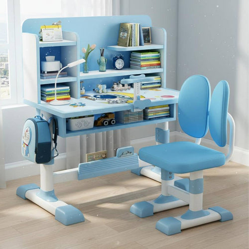 Adjustable Child's Study Desk with Hutch Set Ergonomic Children's Writing Table Student Workstation Chair Storage Bookstand Engineered Wood Steel Suitable for Children's Bedroom Study Room Homework