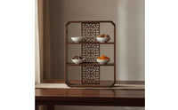 Wood Display Shelf with Carved Lattice Compact Three-Tier Shelf Small Space Wooden Bookshelf for Living Room