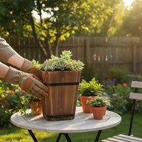 Carbonized Wood Flower Pot Anti Cactus Pot Wooden Planter With Metal Handles for Balcony, Home Decoration