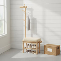 Multi-Functional Design Hall Tree with Shoe Storage Solid Wood Wooden Deer Coat Rack Bench Cushioned Seat for Mudroom