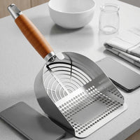 Cat Waste Scooper and Litter Sifter with Wood Handle, 304 Stainless Steel Litter Scooper for Clumping Tofu Mineral, Angled Deep Sifter Basket