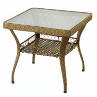 Square Woven End Table with Glass Top Minimalist Design Outdoor Furniture Space-Saving Easy to Clean for Adults, Balcony, Garden