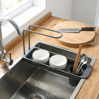 Telescopic Drain Basket Kitchen Sink Drainer, Stainless Steel Rectangular Over the Sink Rack, Slotted Kitchen Organiser for Counter Space Saving