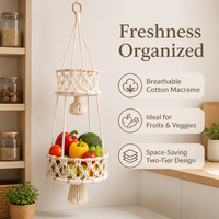 Bohemian Hanging Basket for Fruit, Handmade Macrame Hanging Basket for Kitchen, Cream Textile Fiber Fruit Hammock Storage
