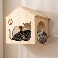 Mounted Cat House Shelter with Perch, Solid Wood Wall-Mounted Climbing Frame for Large Indoor Pets, Elevated Space for Sleeping and Playing