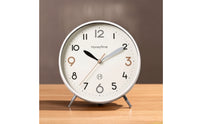 Large Arabic Numerals Desktop Analog Clock Dot Minute Markers Round Desk Clock Tabletop Stand Easy to Read Metal Rim