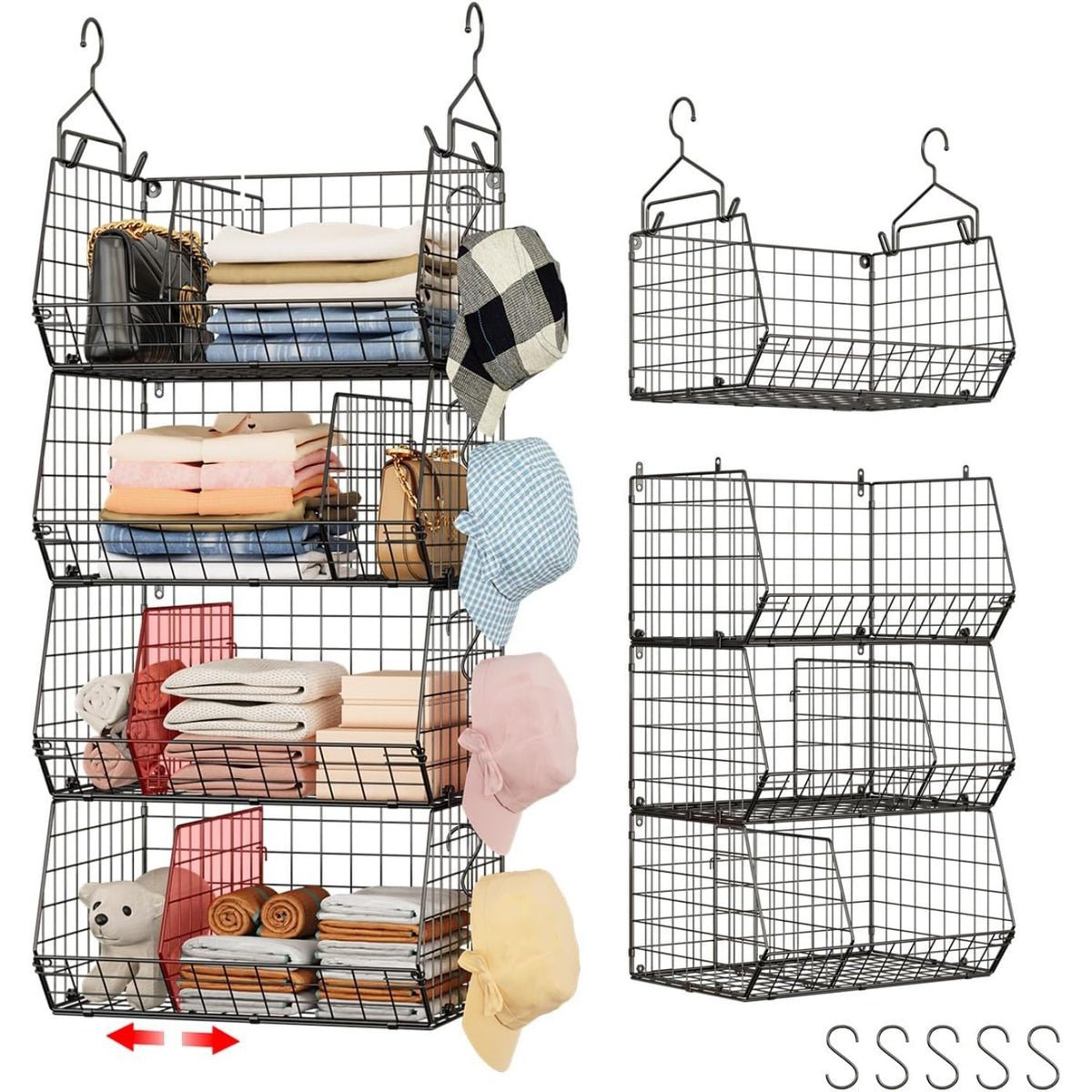 Four-Layer Hanging Closet Organizer with Black Grid - Multi-functional Storage Rack