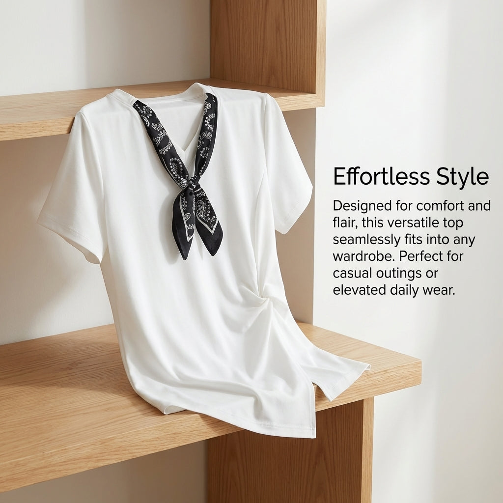 Womens Shirts with V-Neckline and Short Sleeves, Ribbed Ladies T with Concealing Design