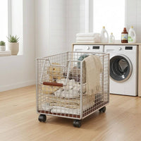 Rolling Wire Basket Trolley Push Handle Metal Utility Trolley Wood-Tone Grip