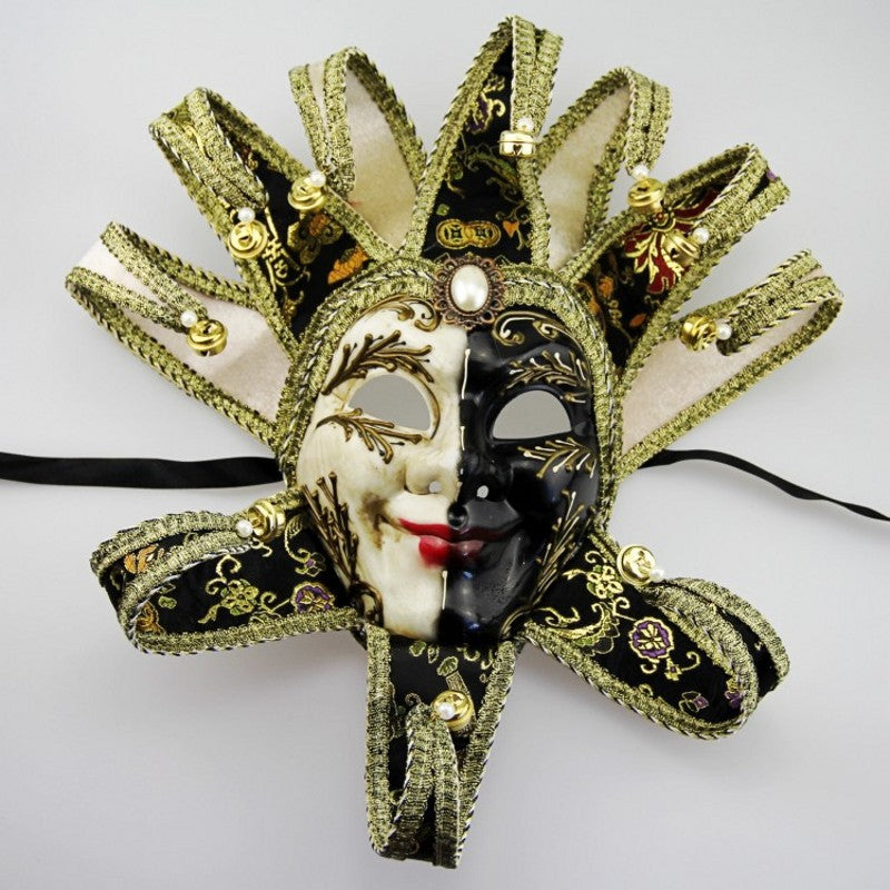 European High-End Venetian Full Face Mask with Sun God 10-Angle Bells and Clown Design for Parties and Masquerades