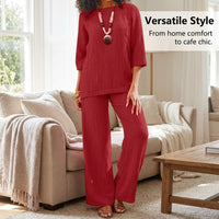 Airport Outfit 2 Piece for Women with Long Sleeve Top, Loungewear Set in Breathable Linen Blend, Loose Fit Travel Clothes for Everyday Wear