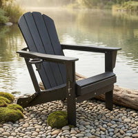Folding Adirondack Chair Cup Holder Foldable Patio Lounge Chair Garden Furniture Wide Armrests Wood-Grain for Backyard