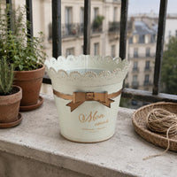 Metal Flower Pot Perforated Rim Decorative Metal Vessel Tapered Shape