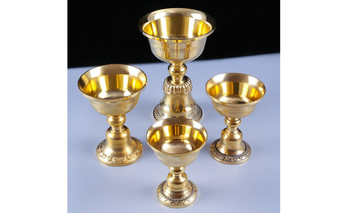 Copper Devotional Oil Lamp Holder Gold-Toned Pedestal Candle Stand Polished Shiny for Altar, Temple, Home Shrine, Meditation Space