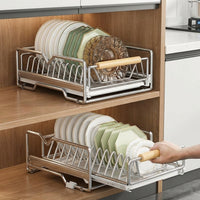 Carbon Steel Pull Out Dish Rack and Bowl Rack, Rectangular Double Layer Bowl and Plate Rack, Modern Minimalist Kitchen Drawer Organizer Shelf