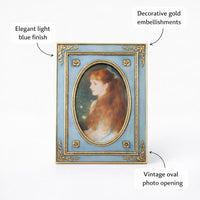 Valentines Picture Frame with Gold Trim, Ornate Blue Resin Photo Display, 4 Inch Square Tabletop Stand or Wall Hanging, Decorative Vintage Style