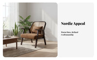 sturdy Wood Frame Rattan Backrest Sofa Nordic design Upholstered Bench with Cane sides Minimalist Design Couch Padded Seat for Apartment Dwellers, Guesthouse Owners, Living Room, Reception Area, Office Lounge, study alcove