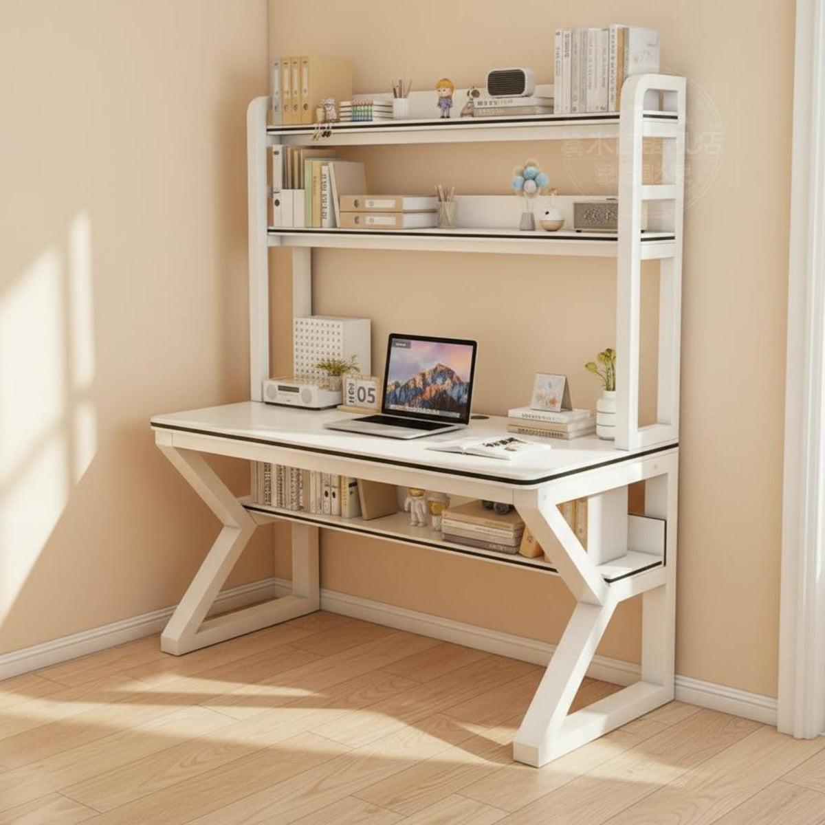 Writing Desk with Bookshelf and Pegboard Multi-Layer Storage Complete Workstation Desk K-Shaped Steel Frame Home Furniture for Students