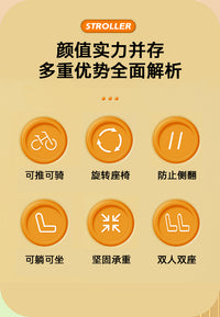 双人坐儿童三轮车宝宝脚踏车可坐人双胞胎手推车大小宝折叠二胎车 白色钛空轮音乐灯可躺星空蓬
