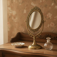 Vintage Brass Mirror with Pedestal Base Ornate Oval Vanity Mirror with Stand Gold-Toned Adjustable for Dressing Table, Bedroom