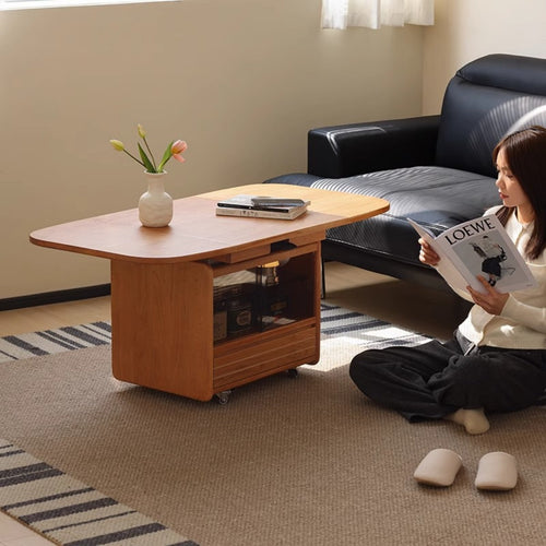 Convertible Coffee Table with Elevating Tabletop Adjustable Height Drop Leaves Solid Wood Construction and Smart Storage Suitable for Homeowners Small Areas Living Room Workstation