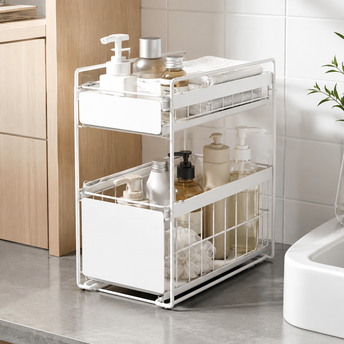 Under Sink Storage, 2 Tier Pull Out Cupboard Organiser, White Metal Kitchen Storage with Sliding Drawer, Space Saving for Cleaning Supplies