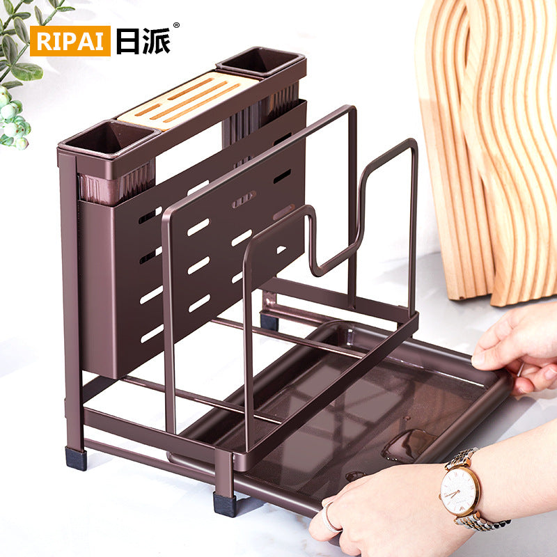 Wall-Mounted Kitchen Knife Storage Rack with Chopstick Holder and Lid Stand, Tabletop, Freestanding, Iron-Wood, No Drilling