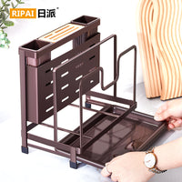 Wall-Mounted Kitchen Knife Storage Rack with Chopstick Holder and Lid Stand, Tabletop, Freestanding, Iron-Wood, No Drilling