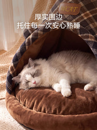 Autumn/Winter Plaid Pet Tent Cat House, Semi-Enclosed, Washable, Warm