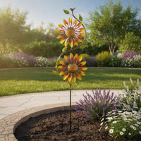 Outdoor Sunflower Spinner Wind Decor Double Bloom Bird Accent Iron Durability Foliage Detail Suitable for Courtyards Villas Garden Beds