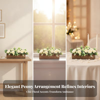 Wood Planter Flower Display Cream Faux Floral Arrangement Eucalyptus Foliage