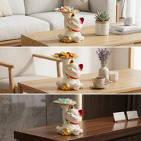 Welcoming Cat Statue Candy Dish Decorative Cat Figurine with Tray Tabletop Fortune Figurine for Reception Desk, Entryway, Coffee Table