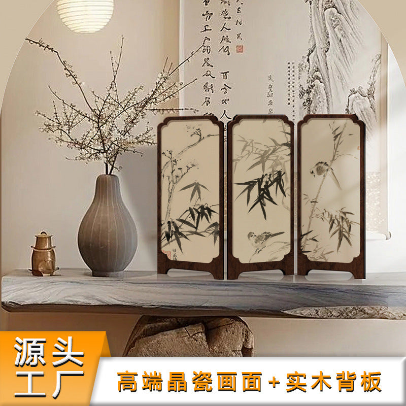 New Chinese Style Folding Table Screen with Ink Bamboo Design