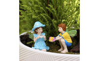 2 Pieces Boy and Female Fairy Figurines Hand Painted Miniature Whimsical Pair Statue Waterproof Figurine Set for Balcony, Desktop