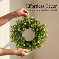 Artificial Eucalyptus Wreath Front Door, Spring Summer Door Wreath for Year Round Decor, Lifelike Greenery Wreath with White Flowers for Home