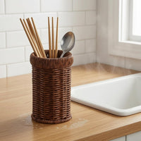 Woven Utensil Holder Iron Frame Cylindrical Utensil Holder Brown Finish Kitchen Storage