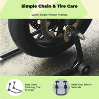 Steel stand lifts motorcycle wheels.