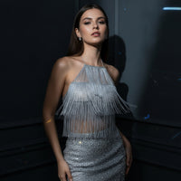 Halter Crop Shirt Glittery Embellished Crop Shirt Sparkling for Women, Festivals, Night Venues, Parties