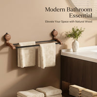 Wall Mount Rack and Towel Bar for Washroom Organization, Premium Walnut Wood Bath Holder for Small Space and Students