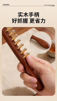 Pure Brass Long-Handle Massage Comb for Scalp and Head Meridian, Thick Wide Teeth, for Men and Women, Gold Silk Sandalwood Comb