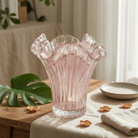 Pink Glass Vase Simple Design Pink Vase Wavy Rim for Living Room