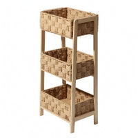 Three-Tier Storage Rack Wood Woven Basket Organizer Space-Saving Floor-Standing Storage Rack