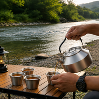 Stainless Steel Tea Set, Portable, Camping, Outdoor, Travel, 5-Piece Set, With Mesh Tea Strainer, Includes Foldable Stove, With Storage Case