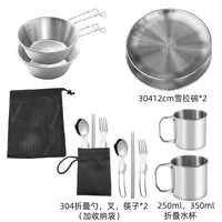 Camping Mess Kit 304 Stainless Steel, Portable Foldable Cookware Set for Outdoor Hiking, Picnic Tableware Bowl Cup