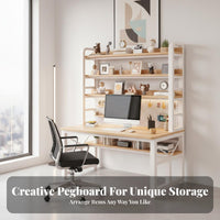 Computer Desk with Bookshelf Desk with Hutch and Pegboard Study Table Writing Desk with Integrated Shelves Solid Wood Top Steel Frame Suitable for Home Office Dorm Study Station