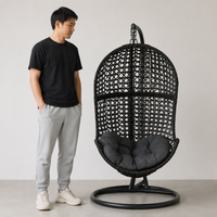 Black Metal Hanging Egg Chair, Bamboo Swing Chair for Kids with Stand, Indoor Outdoor Hammock Chair for Garden Patio, 75x75x195cm