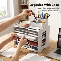 5-Tier Desktop File Organizer with Pen Holder, Stackable Desk Storage for Office, Multi-Layer Work Station for Students