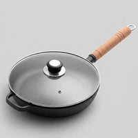 Frying Pan with Glass Lid and Wooden Handle, Heavy Duty Cast Iron Skillet for Steak, Nonstick Pancake Pan and Egg Pan, Flat Bottom Iron Pan
