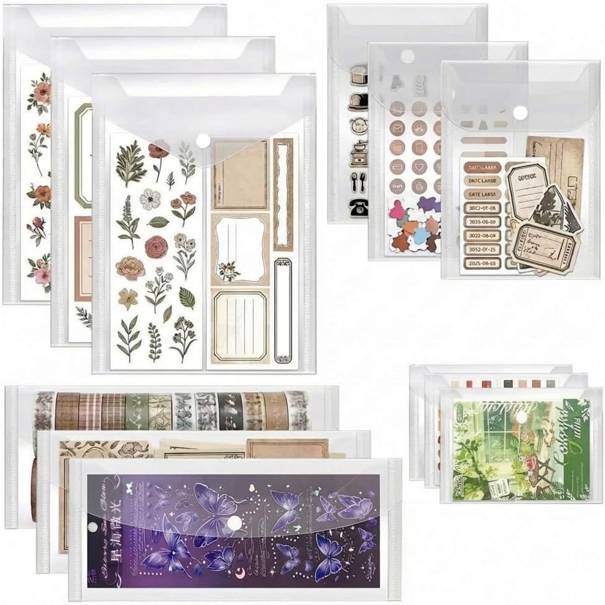 Sticker Storage Box with Snap Closure Clear Plastic Bags, 12-Pack, Waterproof and Durable (Stickers Not Included)